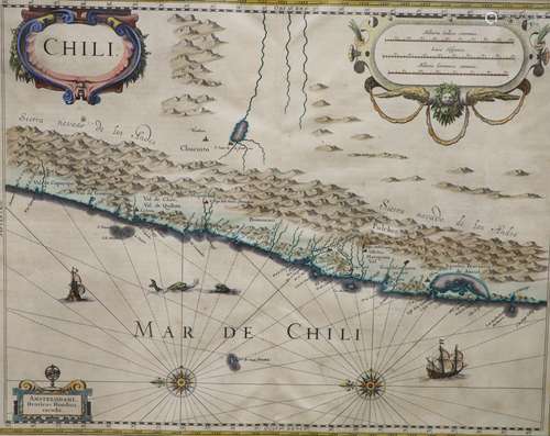 Henricus Hondius, coloured engraving, Map of Chile, 38 x 49c...