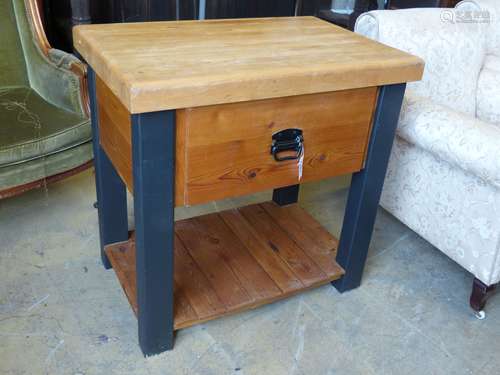 A pine and beech butcher's block table, width 92cm, depth 60...