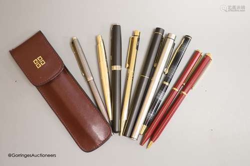 A Dupont Vermeil and blue lacquer ball pen and other pens