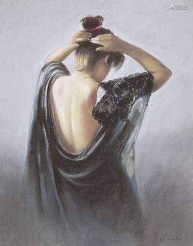 F. Garcia, pastel, Study of a girl in black dress, signed, 6...