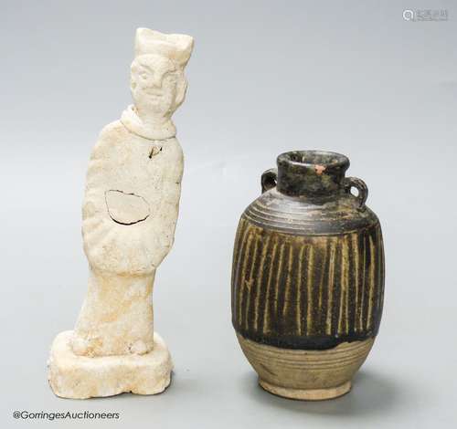 A Thai Sawankhalok jarlet and a Tang pottery figure, height ...