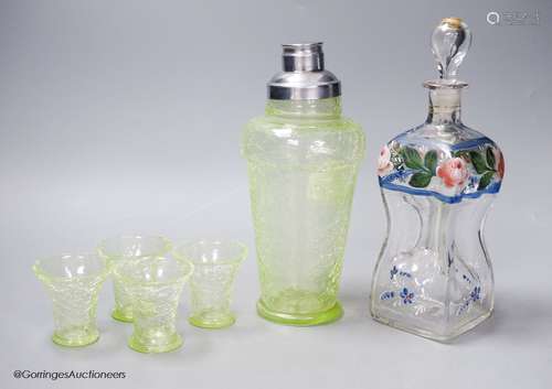 An Deco-style green crackle glass cocktail shaker, six tots ...