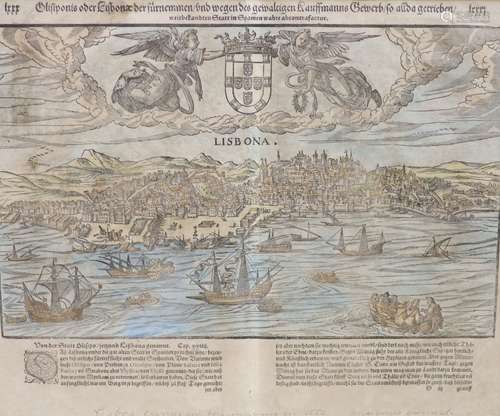 A 1550 coloured engraving View of Lisbon, 30 x 37cm, text in...