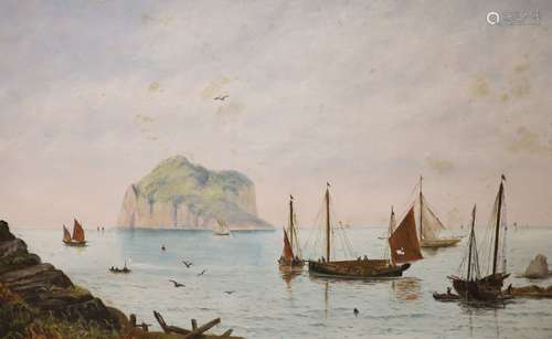 A. Stover, oil on board, Fishing boats off the coast, 30 x 4...