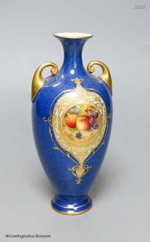 A Royal Worcester fruit painted powder blue vase, height 16....