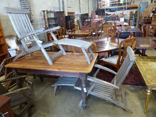 A pair of weathered teak garden steamer chairs, width 59cm, ...