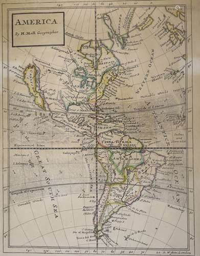 Herman Moll, coloured engraving, Map of America, 28 x 22cm