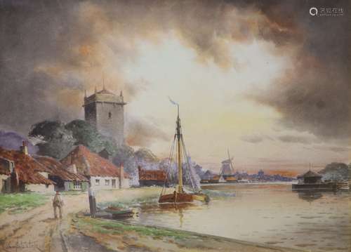 Louise Van Staten, watercolour, Estuary scene with church an...