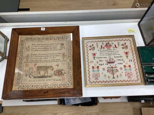 A William IV needlework sampler, worked with text and a lion...