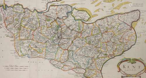 Robert Morden, coloured engraving, Map of Kent, 36 x 65cm