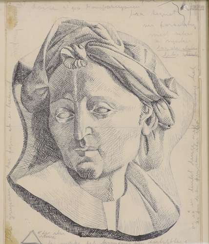 Norwegian School, pen and ink, Classical head study, 35 x 29...