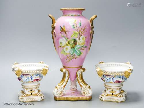 A pair of 19th century Derby pot pourri vases and a Paris po...