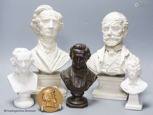 Five composition or ceramic busts of composers