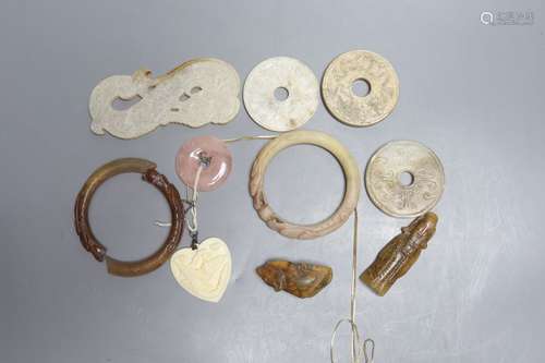 A quantity of assorted Chinese jade bi discs and other hards...