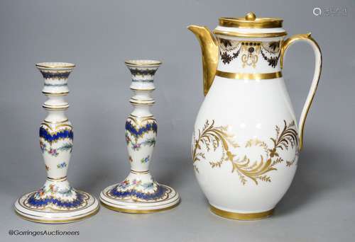 A 19th century Paris porcelain coffee pot and a pair of Dres...