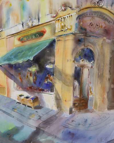 Sophie Taylor, watercolour, Butcher's shop, signed, 70 x 56c...