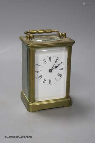 A French gilt brass carriage timepiece, height excluding han...