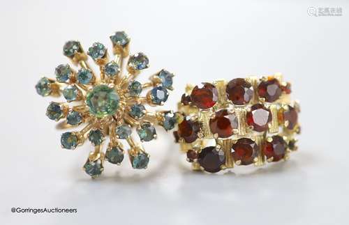 Two modern 14k and gem set cluster dress rings, including ga...