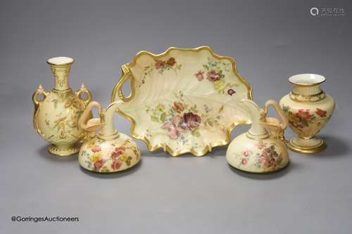 A Royal Worcester blush leaf dish, a pair of ewers, a two ha...