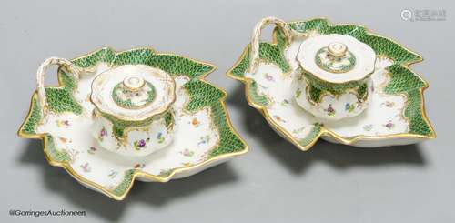 A pair of Dresden porcelain inkwells, length 19cm