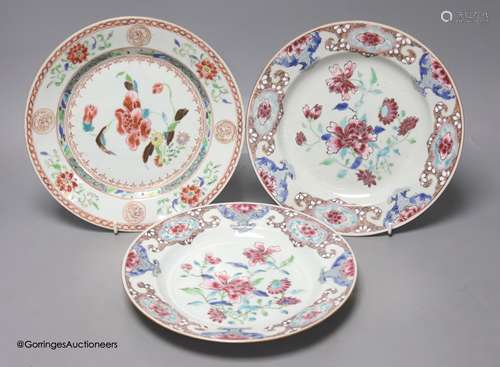 A pair of 18th century Chinese famille rose plates and anoth...