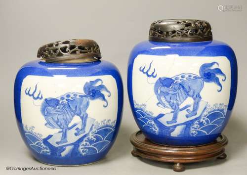 A pair of 19th century Chinese blue and white 'mythical beas...