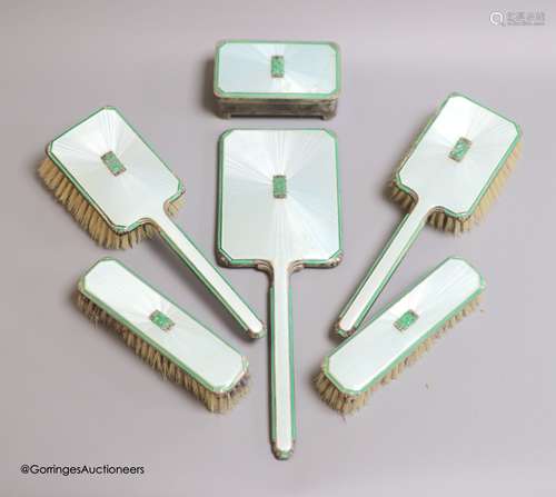 A 1930's Art Deco six-piece silver, enamel, marcasite and ja...