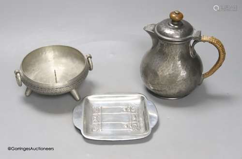 A Liberty & Co Tudric pewter pin dish, a Tudric covered jug ...