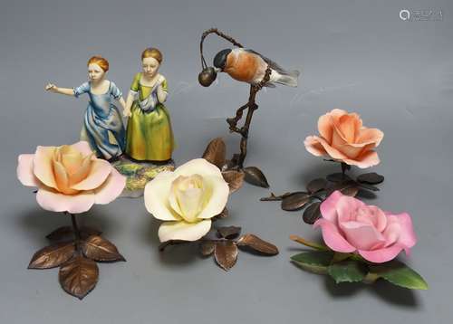 Four Boehm porcelain and bronzed metal roses, a similar mode...