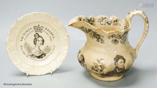 A George IV commemorative jug, height 17cm, and a Queen Vict...