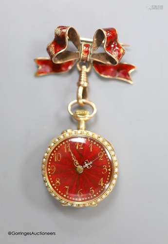 A lady's early 20th century 14k yellow metal, red enamel and...