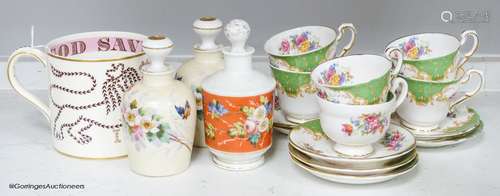 A Paragon tea set, three ceramic perfume bottles and stopper...