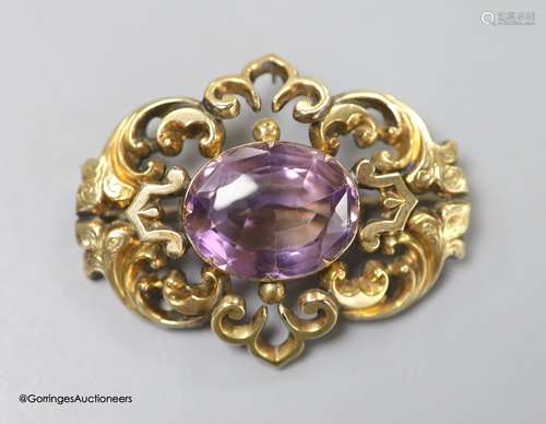 A cased late Victorian yellow metal and amethyst set pierced...