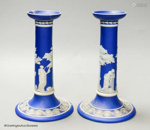 A pair of 19th century Wedgwood blue jasper candlesticks, he...