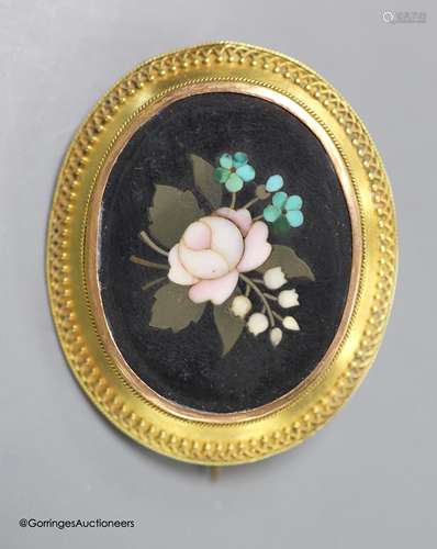 A cased Victorian yellow metal and pietra dura set oval broo...