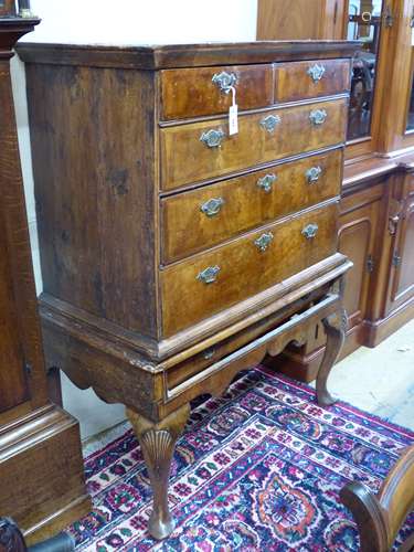 An early 18th century walnut and pine sided chest on stand, ...