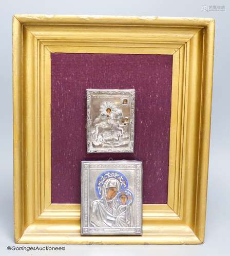 A Greek and Russian icon, largest 13 x 11cm, with white meta...