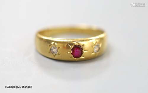 A Victorian 18ct gold and gypsy set, ruby and diamond three ...