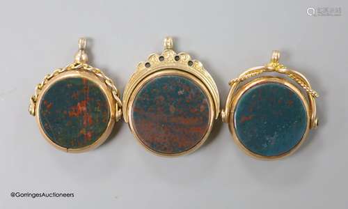 Three assorted late 19th/early 20th century 9ct mounted bloo...