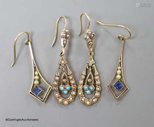 Two pairs of late Victorian yellow metal and gem set drop ea...