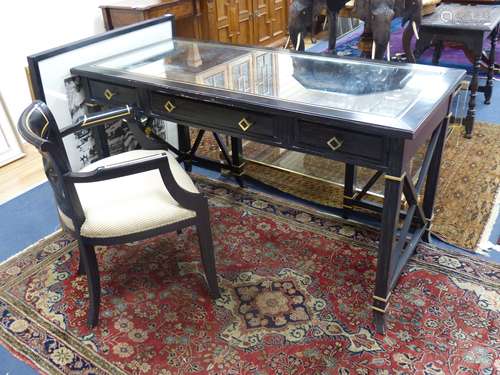 A Regency style ebonised mirrored dressing table, width 139c...