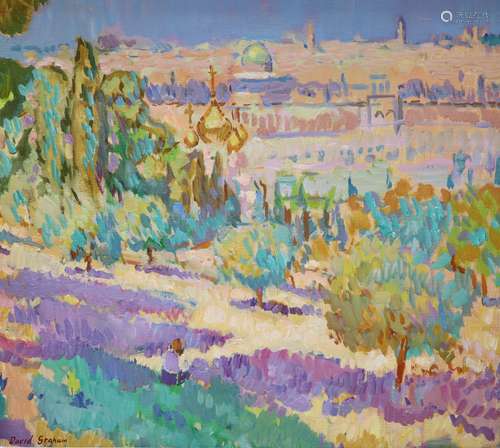 § David Graham (1926-), oil on canvas, Overlooking Jerusalem...