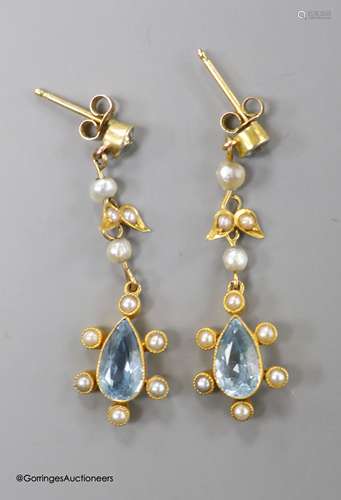 A pair of late Victorian 15ct, aquamarine and seed pearl set...