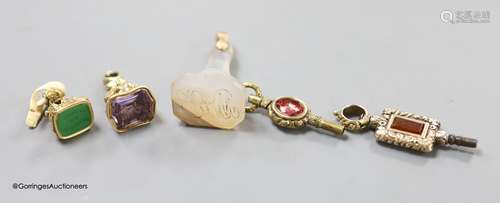 Two Victorian small yellow metal overlaid gem set fob seals,...