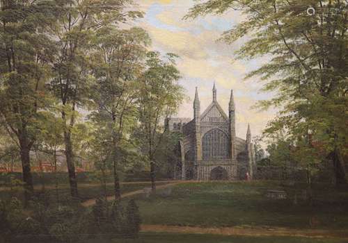 Allan (19th C.), oil on canvas, Church viewed through trees,...