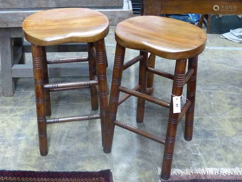 A pair of beech stained bar stools, width 40cm, depth 32cm, ...