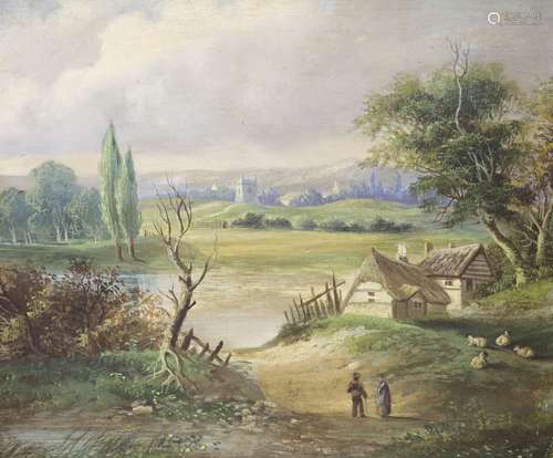 19th century English School, oil on board, Figures in a land...