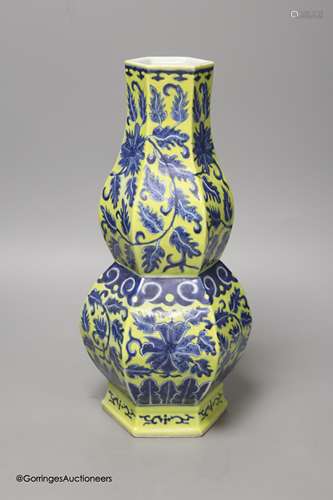 A Chinese underglaze blue yellow ground hexagonal vase, earl...