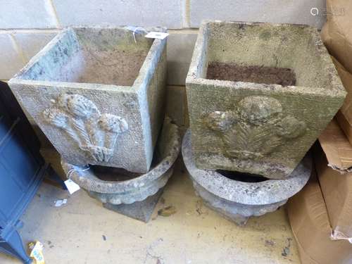 Two pairs of reconstituted stone garden planters, larger 36c...