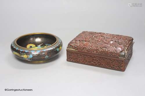 A 1920's Chinese cloisonne enamel 'dragon' bowl and a cinnab...